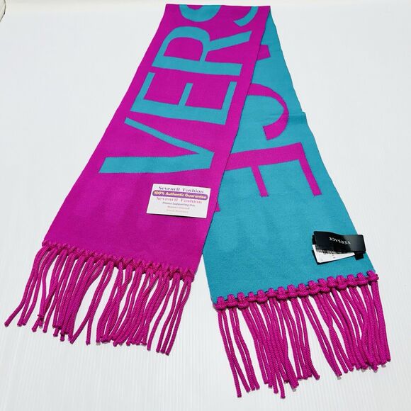 NWT Versace Reversible Teal Pink Fringed Wool Jacquard Logo Scarf 72"x12" $825 - Picture 6 of 13